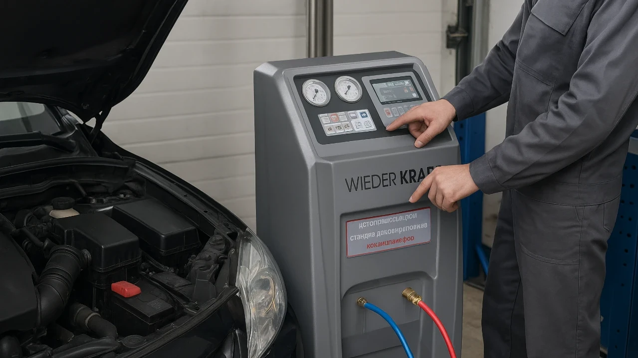 Аппарат для заправки автомобильных кондиционеров Wieder Kraft в работе